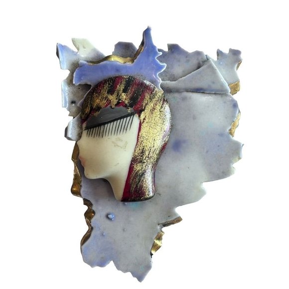 Vintage 80s Handpainted Signed Porcelain Brooch Pin 20s Flapper Inspired 3 1/4" - Picture 2 of 6